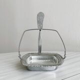 Antique butter or jam dish in silver-plated metal and chiseled glass