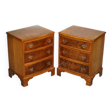 Tables de Chevet en Loupe de Noyer avec Tiroirs, Set de 2