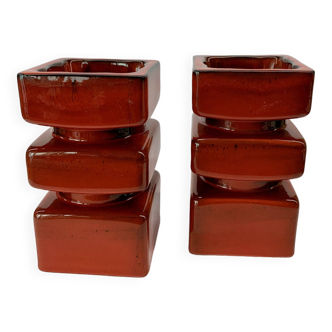 Set of 2 pottery block candleholders, 1970s