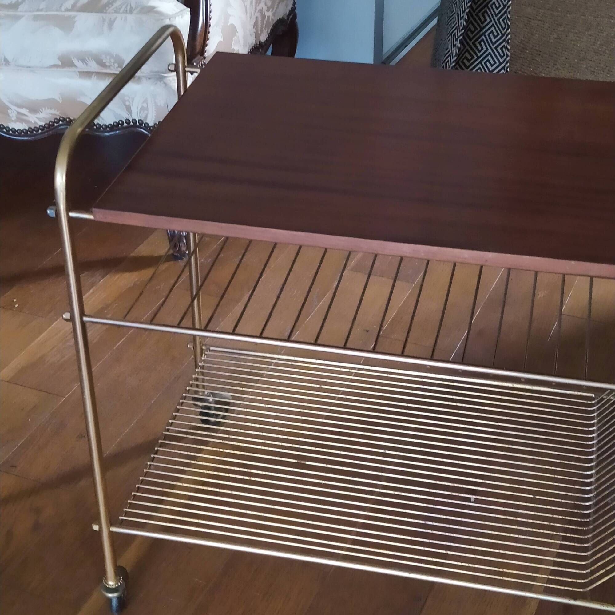 wooden and brass vinyl door trolley from the 1960s/1970s