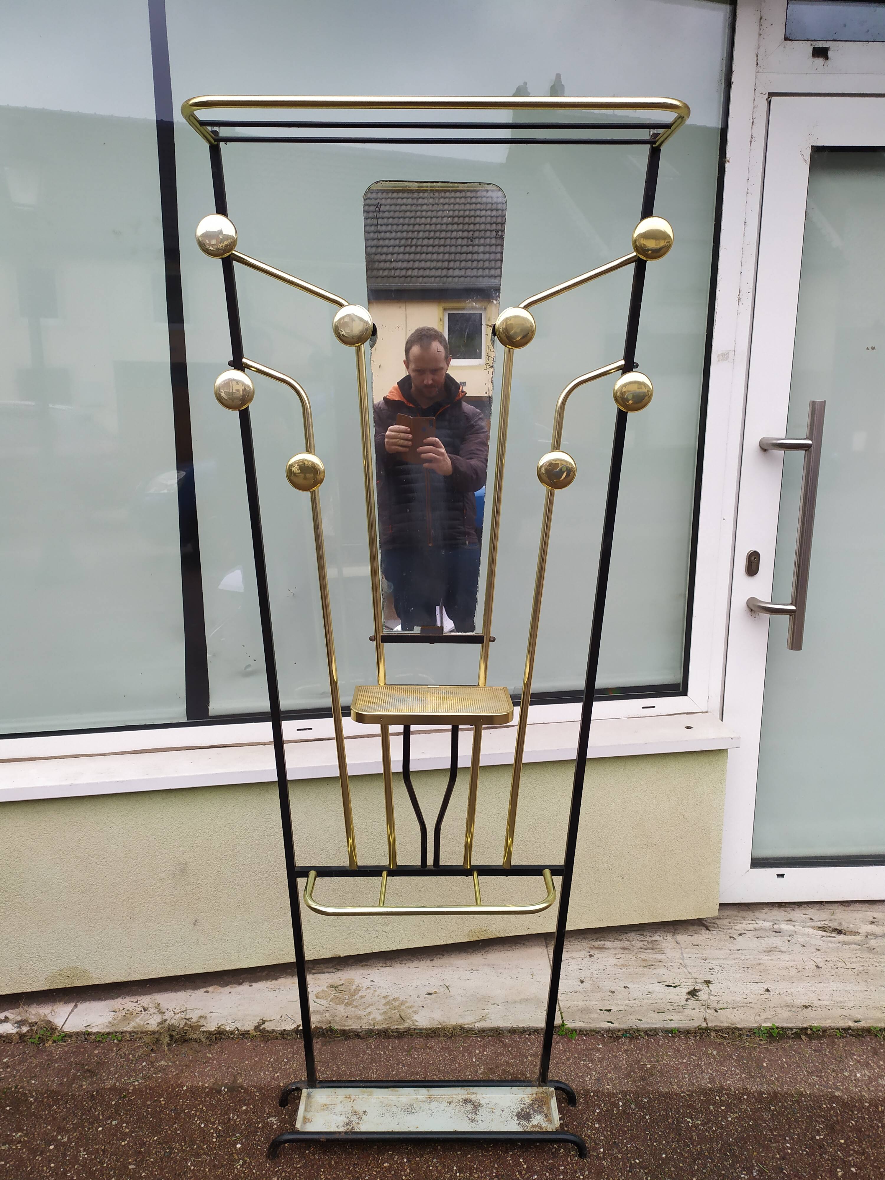 Cloakroom coat rack hat umbrella metal and vintage brass