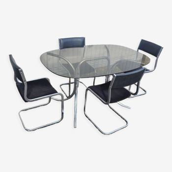 Table et chaise design 1970 chrome verre fumé