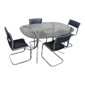 Table and chair design 1970 chrome smoked glass