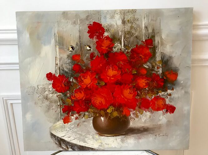 Tableau ancien huile sur toile bouquet de fleurs rouges signé