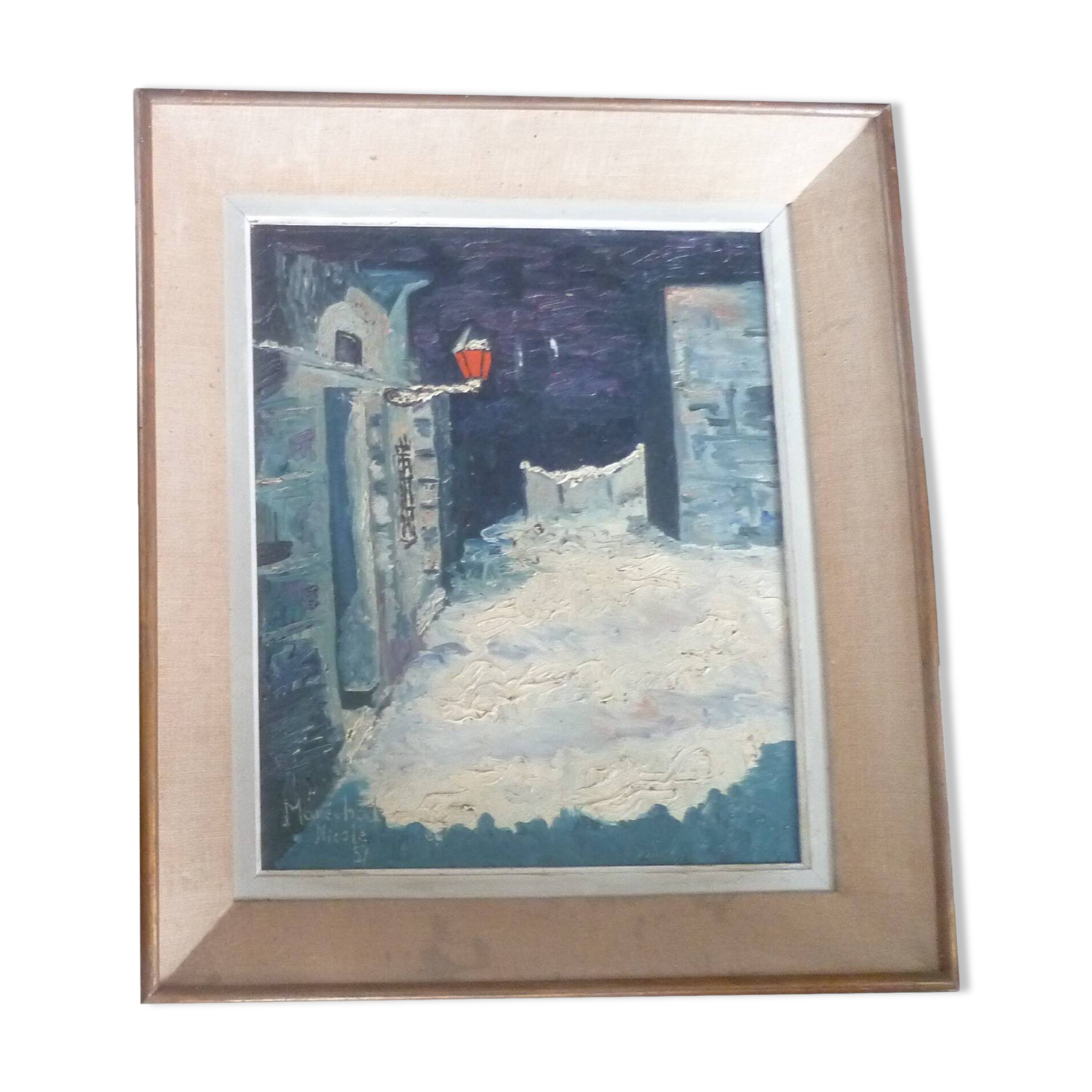 HST PAINTING "SNOW LANDSCAPE WITH RED LANTERN" signed MARECHAL NICOLE 1957 IN ITS FRAME