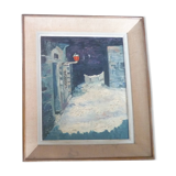HST PAINTING "SNOW LANDSCAPE WITH RED LANTERN" signed MARECHAL NICOLE 1957 IN ITS FRAME
