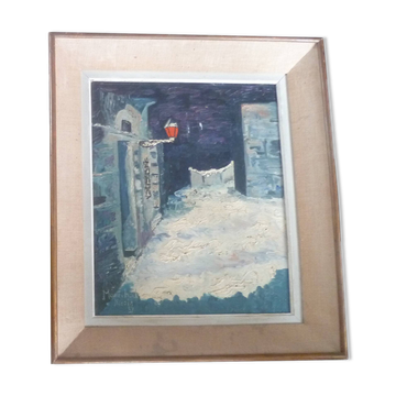 Huile sur toile encadrée "Paysage de neige à la lanterne rouge" signé maréchal Nicole 1957