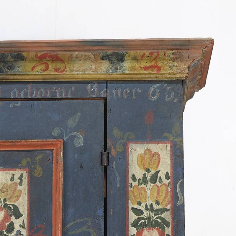 Cabinet de mariée en folk art peint antique de ferme rustique 1863