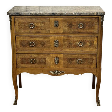 Commode sauteuse de style transition en acajou, palissandre, dessus marbre