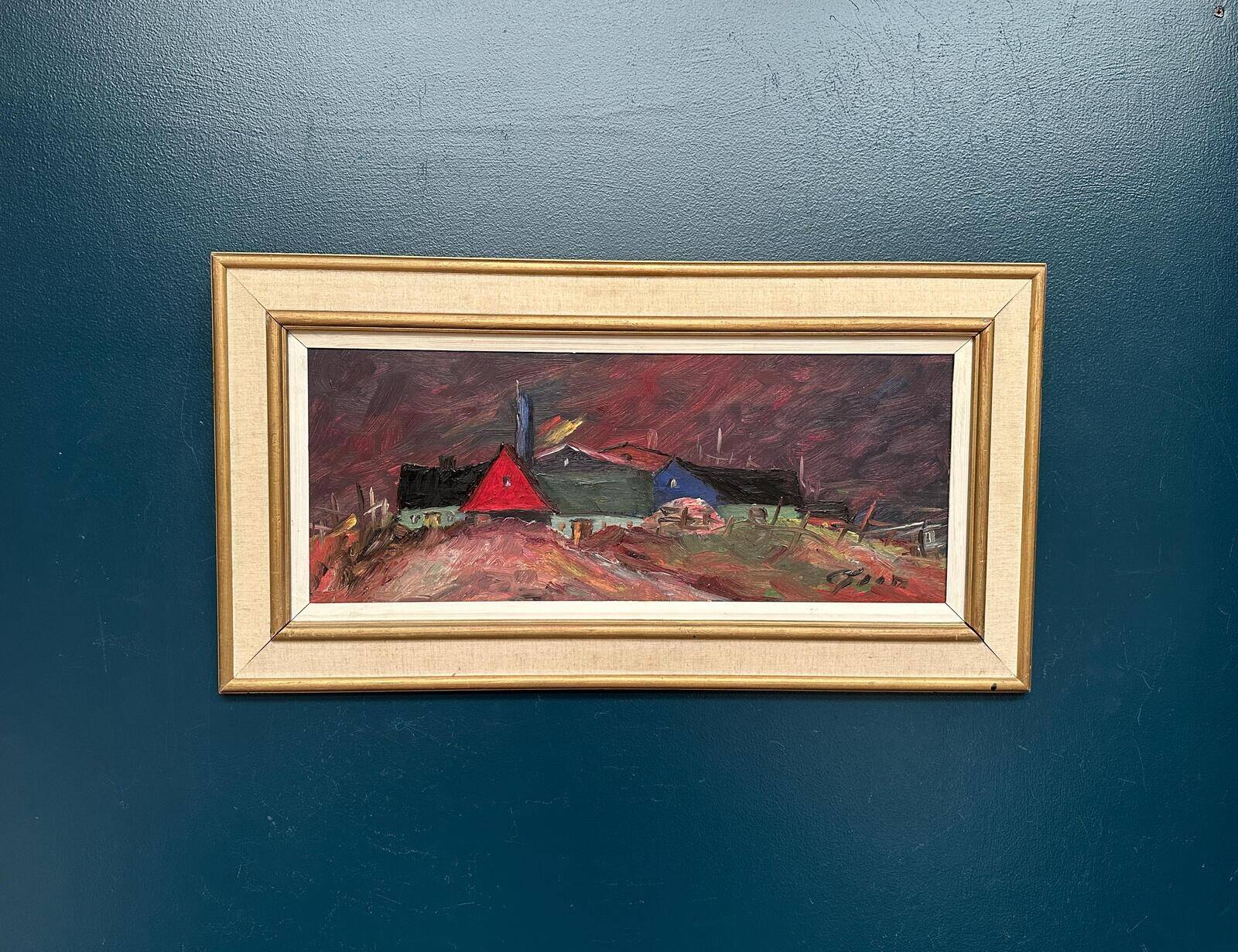 Original Swedish Oil on Panel – “Huts” – Vintage & Framed – 77 × 41 cm