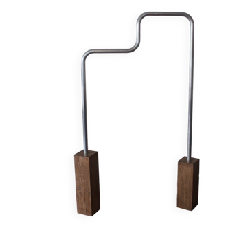 Unique coat rack in raw aluminum with oak wood base / 180x93x15cm