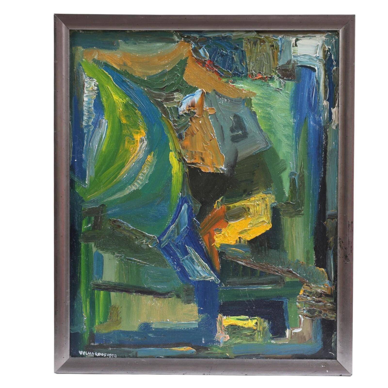 Original Mid Century Swedish Oil On Panel – “Abstract Motif” By Wilma Roos – Dated 1959 – Vintage & Framed