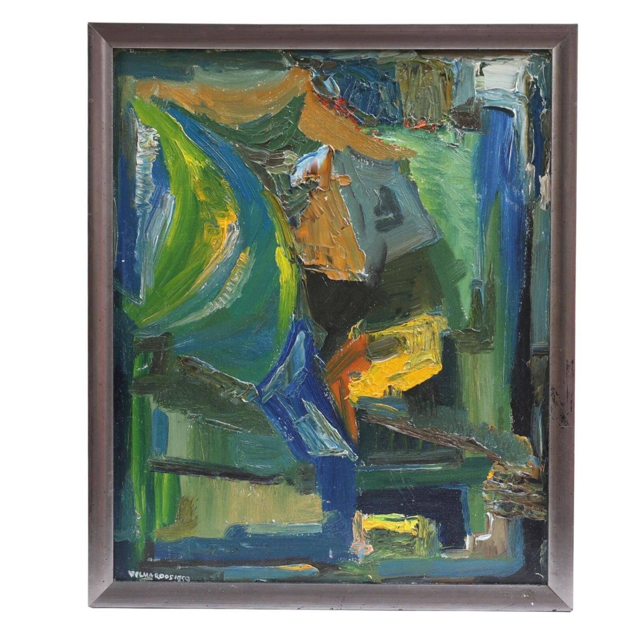 Original Mid Century Swedish Oil On Panel – “Abstract Motif” By Wilma Roos – Dated 1959 – Vintage & Framed