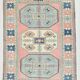 Grand tapis kilim 286x208, tons rose et bleu, motifs tribaux vintage