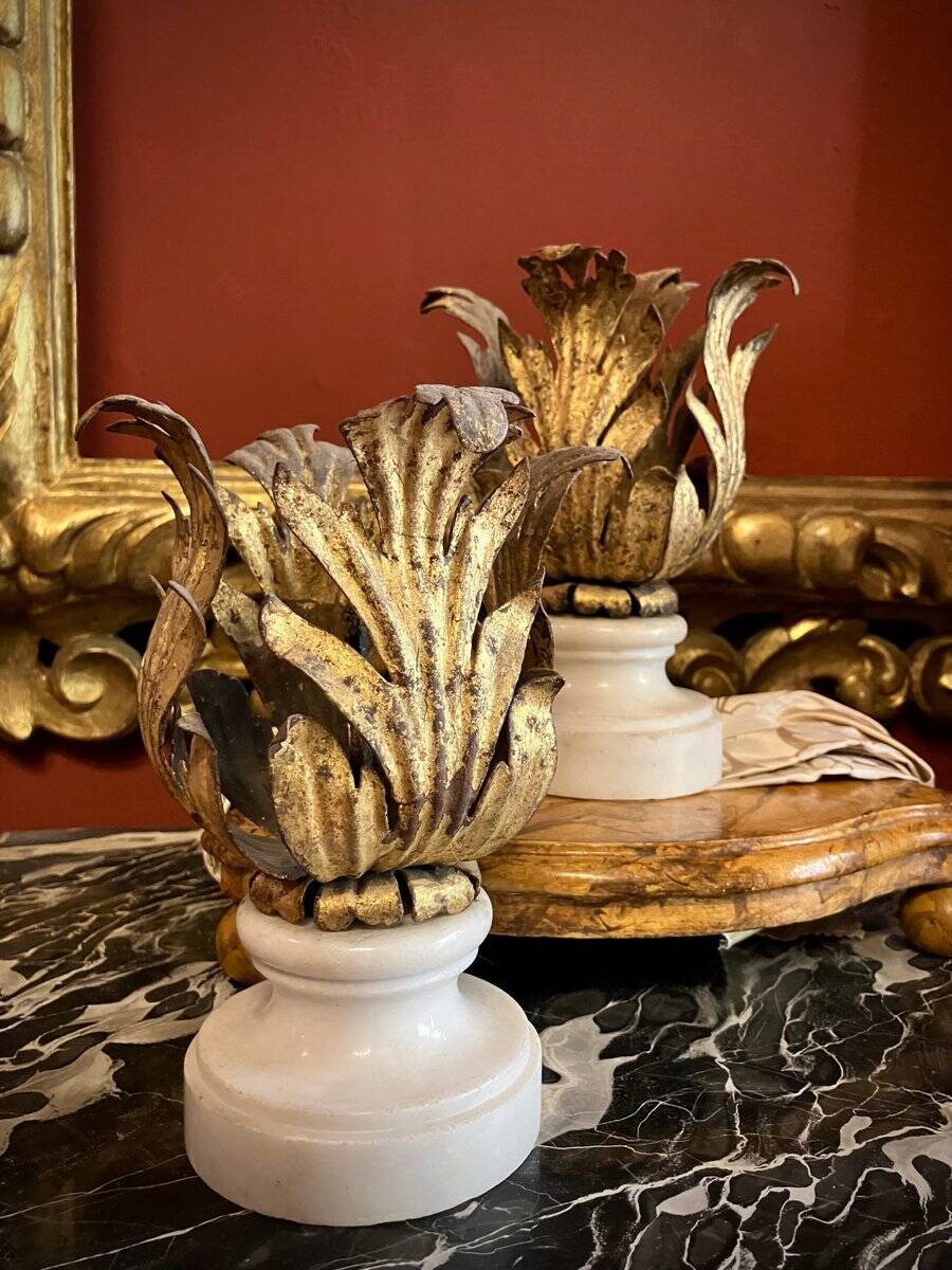 Florentine Renaissance Gilded Iron Acanthus Leaf Candleholders on Carrara Marble Bases, Set of 2