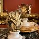 Florentine Renaissance Gilded Iron Acanthus Leaf Candleholders on Carrara Marble Bases, Set of 2