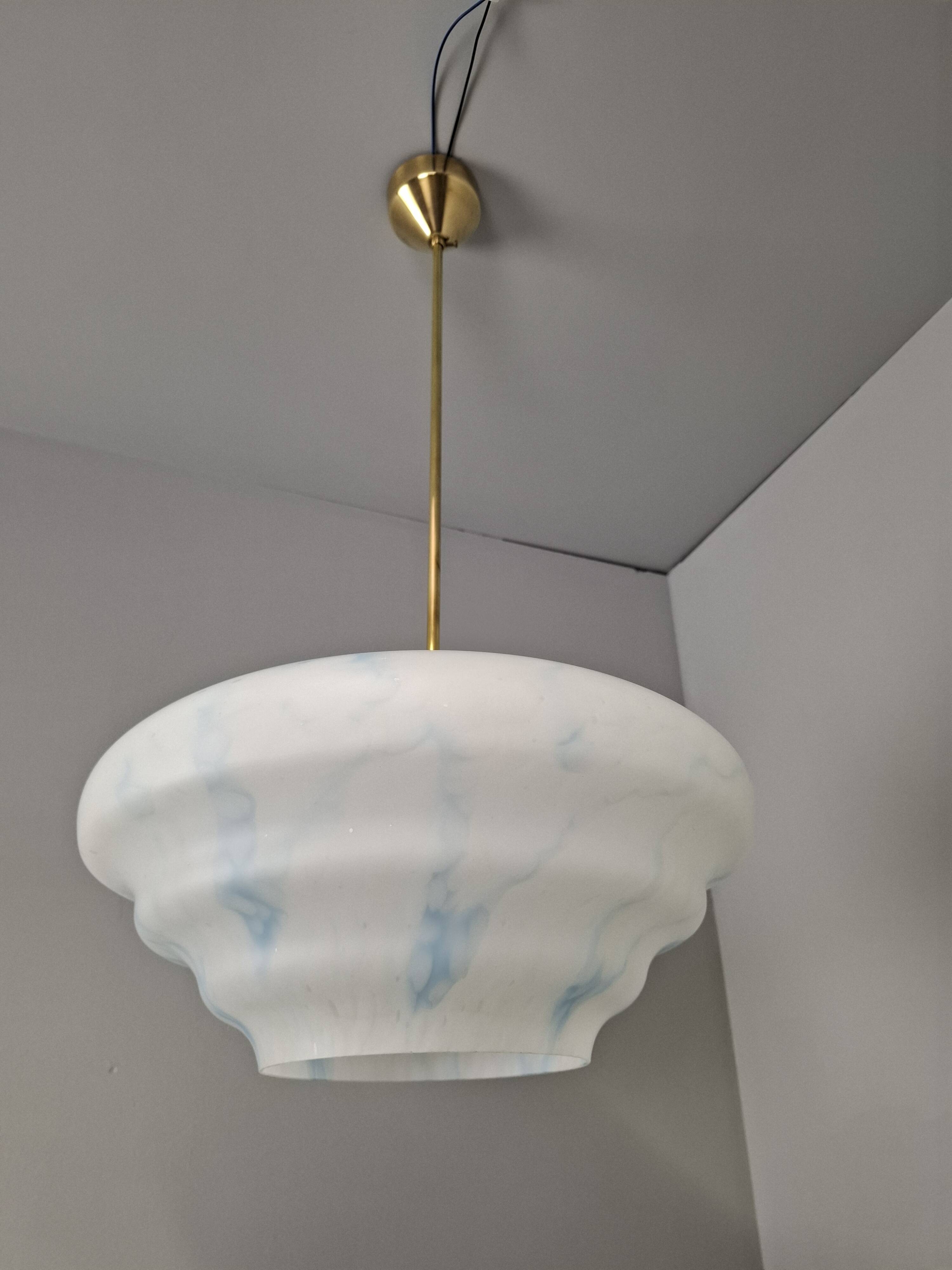 Napako Midcentury Modern Pendant Lamp in Opaline Glass and Brass, Czechoslovakia