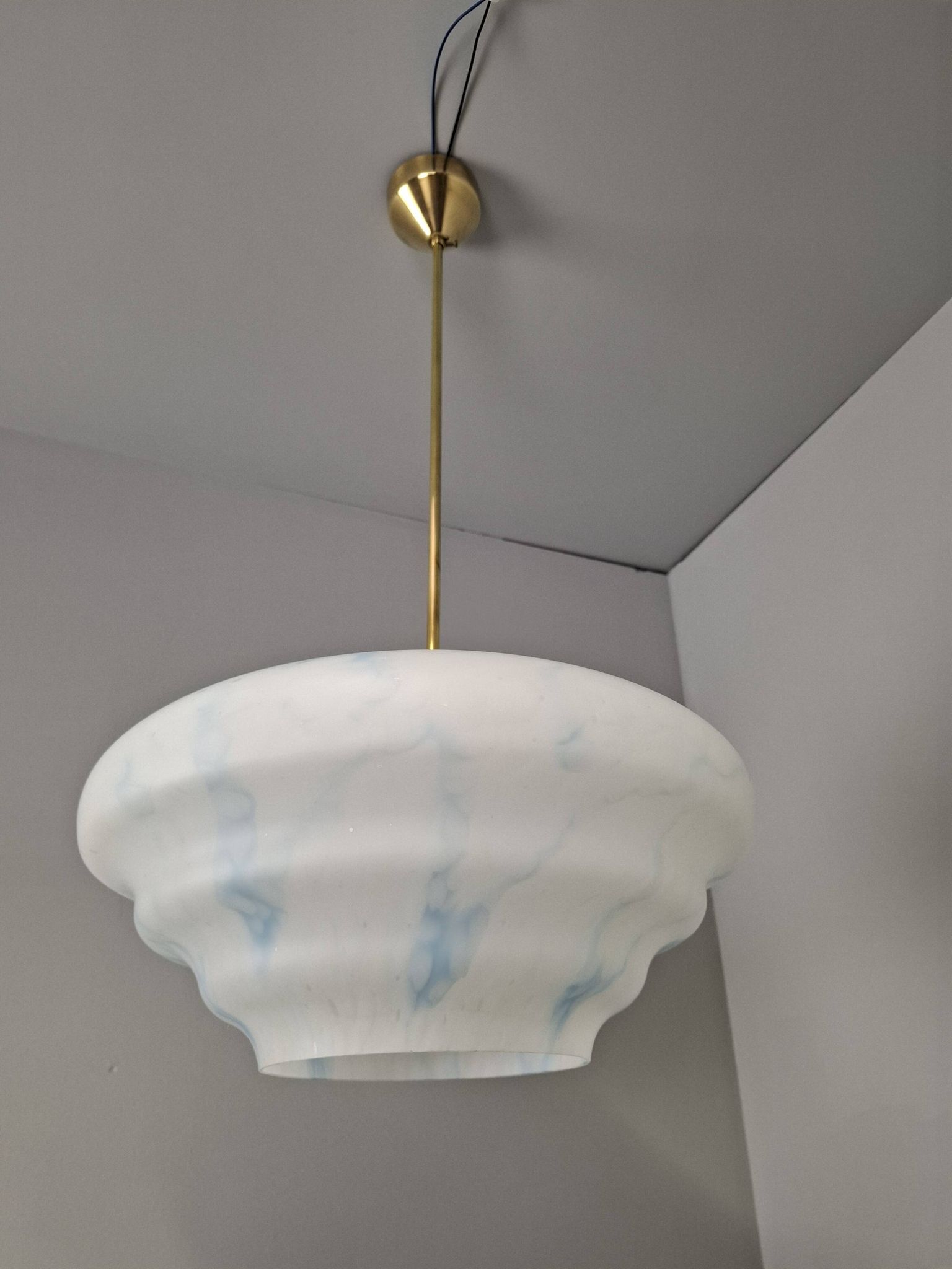 Napako Midcentury Modern Pendant Lamp in Opaline Glass and Brass, Czechoslovakia