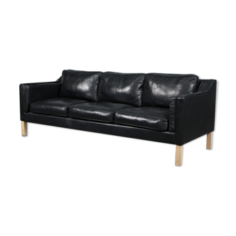 Danish three seater black leather sofa