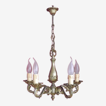 Lustre vintage français 5 bronze clair avec bras de feuille d’acanthe à volute 4182