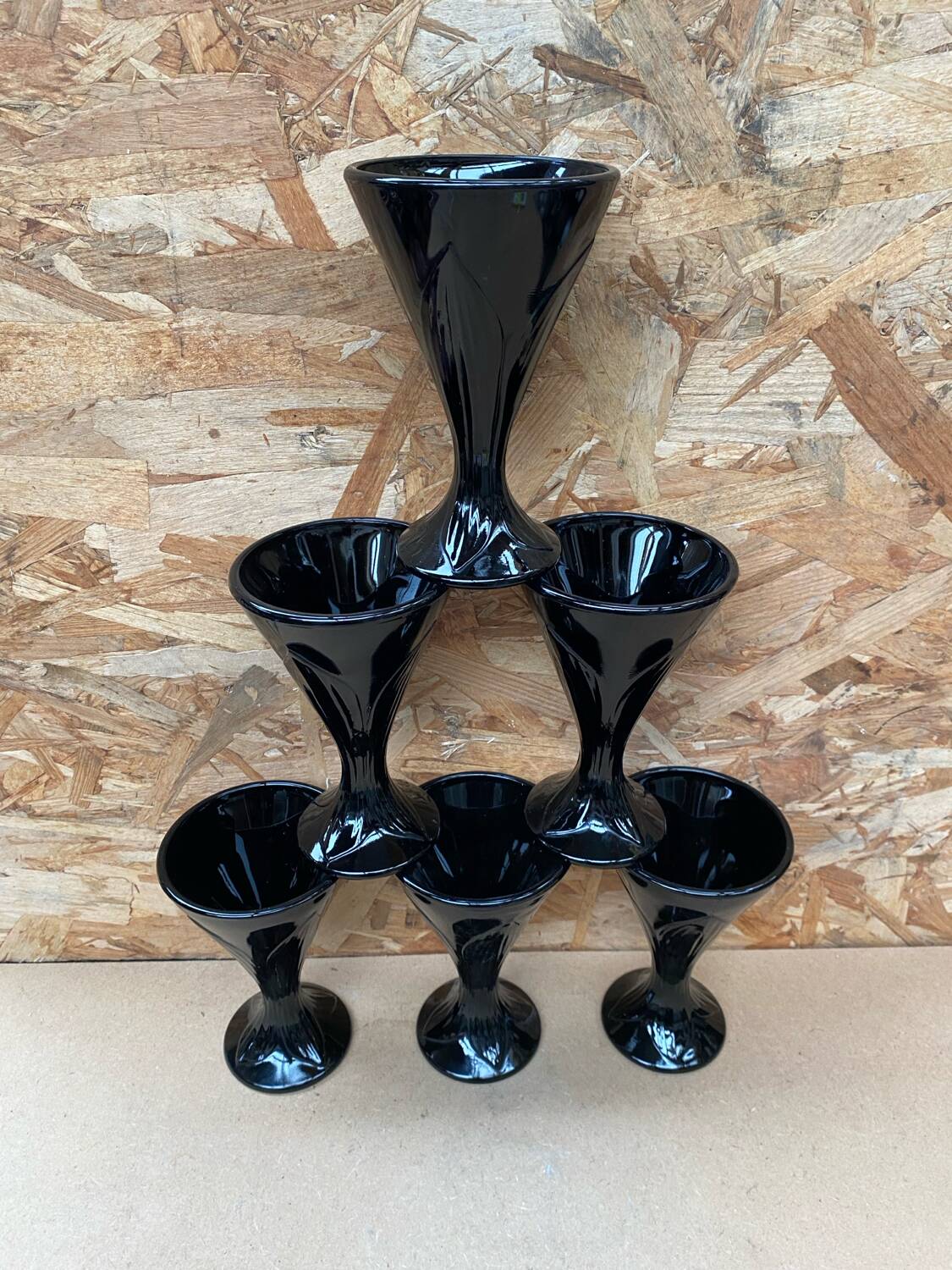 Set of 6 Art Nouveau Ice Cream Cups Black Opaline Glass France Vintage