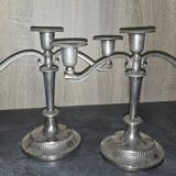 Pair of three-light candlesticks in silver-plated metal