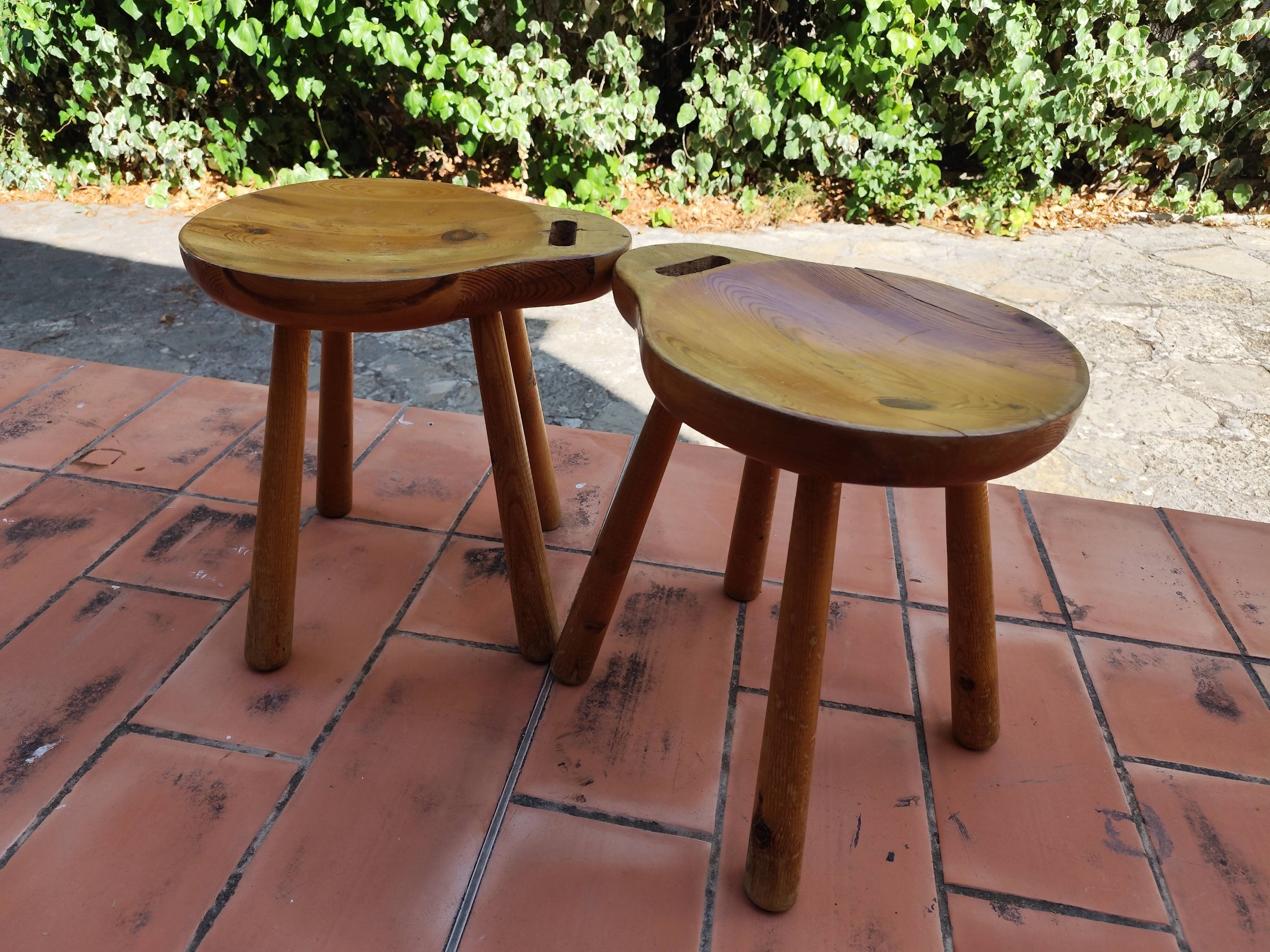 Pair of vintage 1960s solid pine ovoid Scandinavian stools