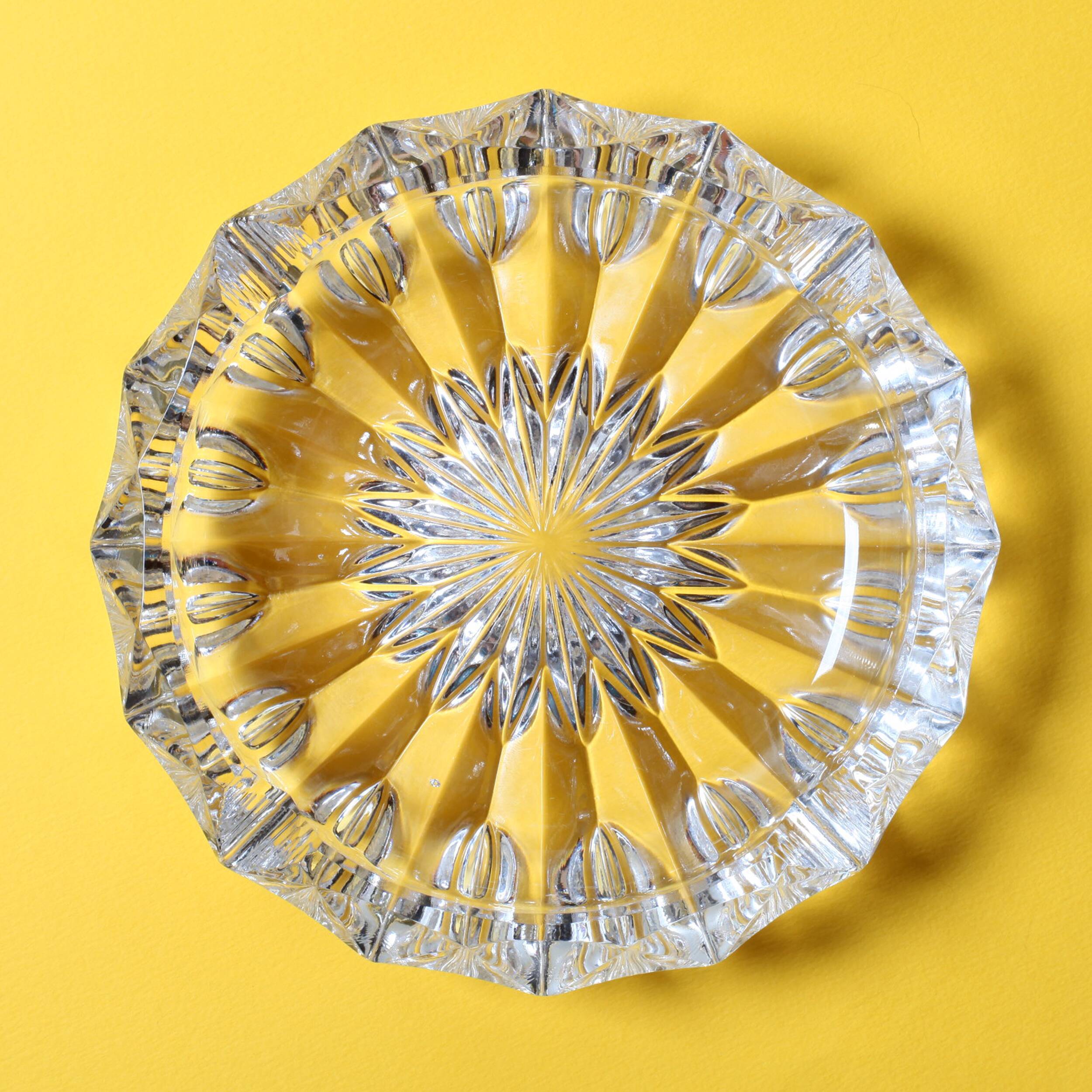 Vintage Heavy Cut Glass Ashtray, Large Round Mid-Century Accessory
