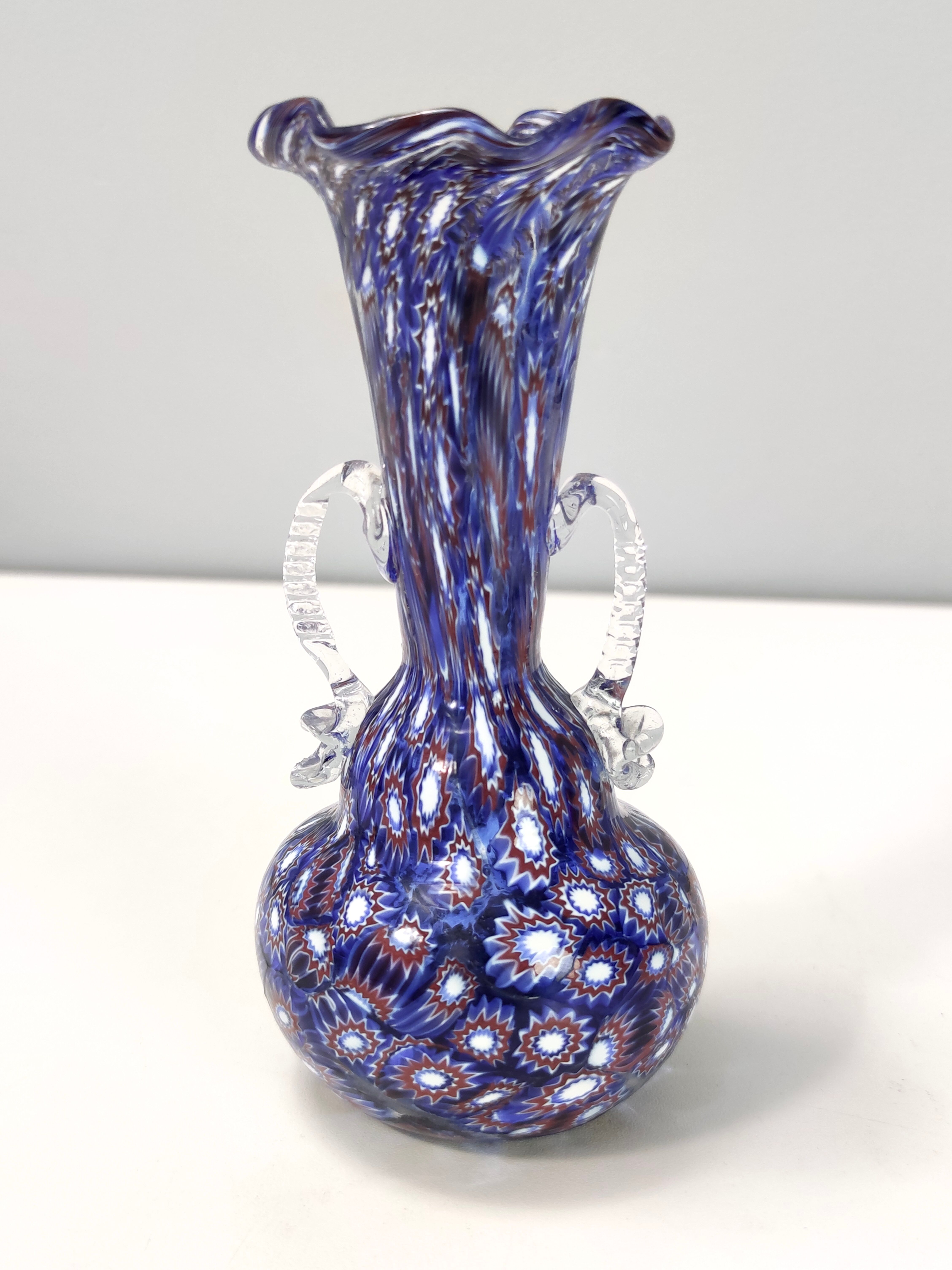 Blue murano glass vase ascribable to fratelli toso with murrines, italy