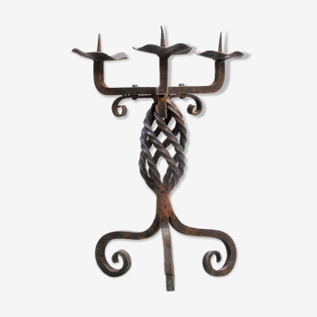 Vintage brutalist hand forged iron candle holder