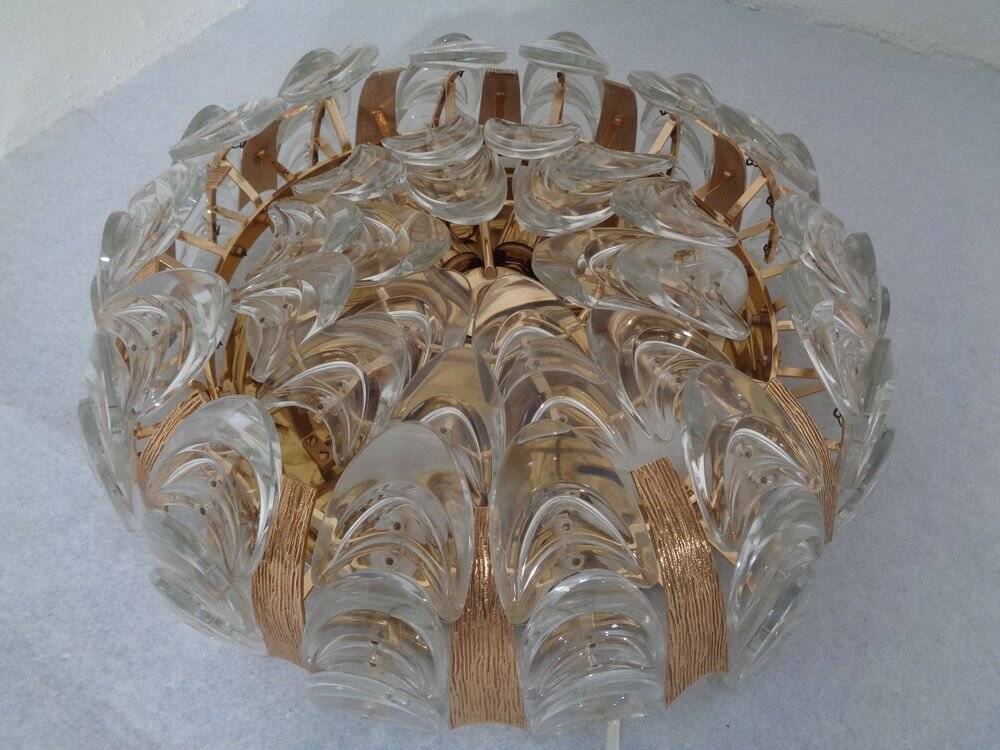 Large gilded brass and crystal glass ceiling lamp by Ernst Palme for Palwa, 1960s