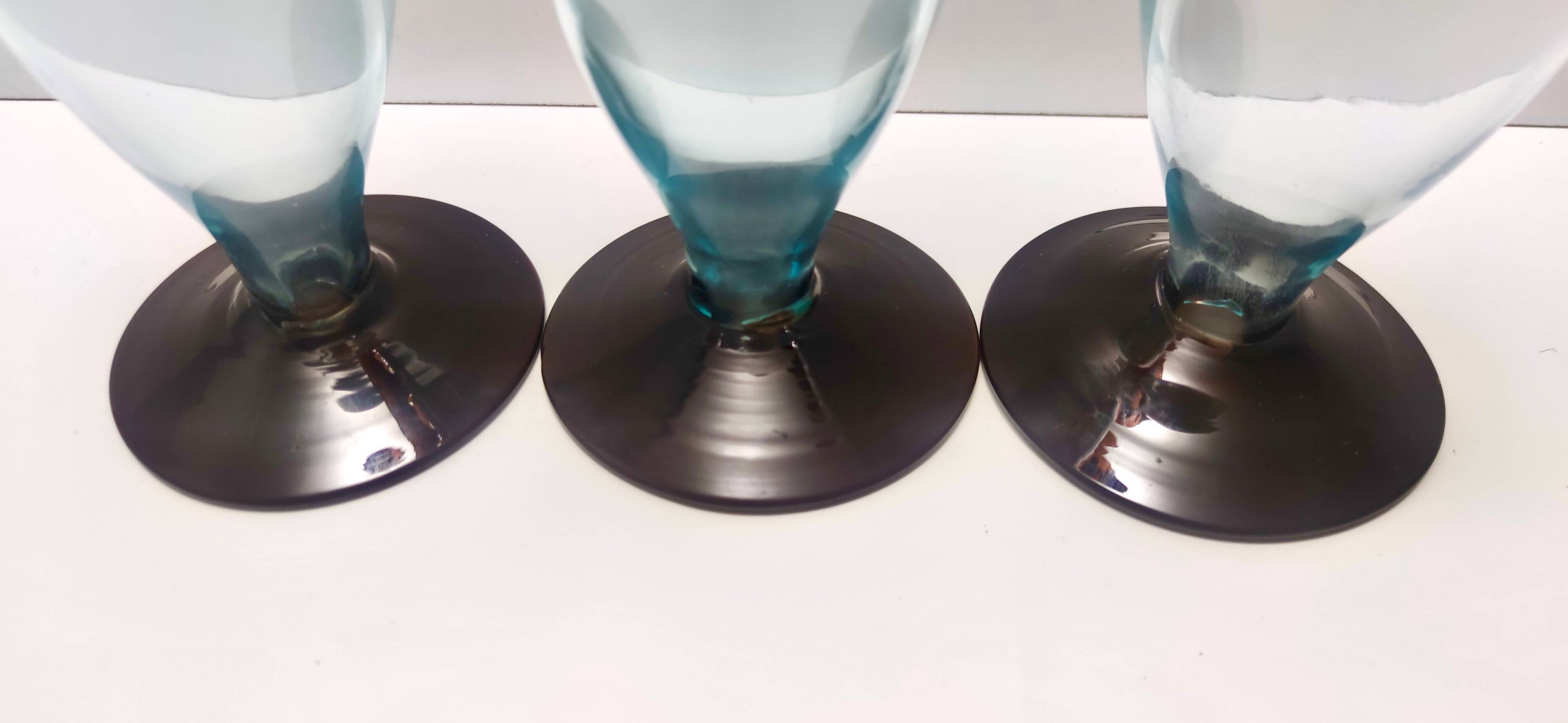 Set of Three Aquamarine and Brown Murano Glass Candleholders, Italy