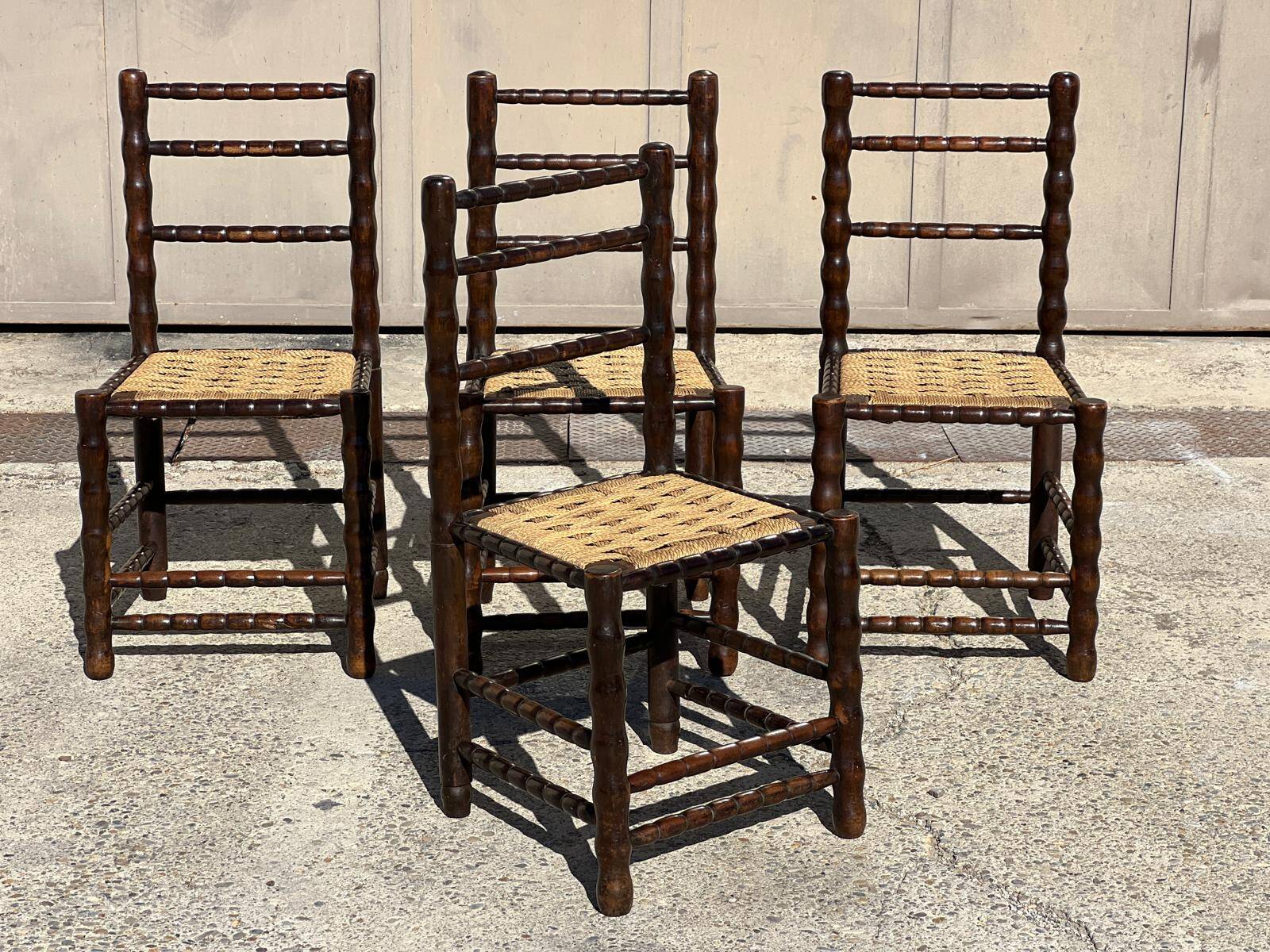 4 wooden and rope bobbin leg chairs attributed to Charles Dudouyt 1940