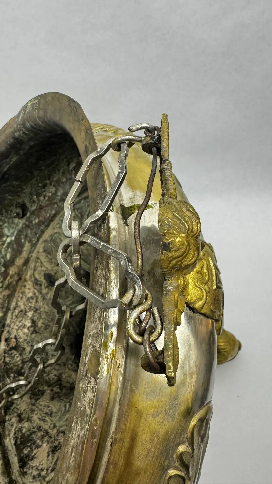Ancient sanctuary lamp, silver-plated brass, winged angel, 130 cm.