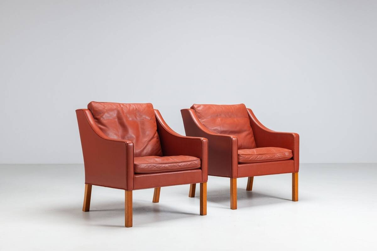Borge Mogensen cognac leather lounge chairs Fredericia Stolefabrik Denmark 1963