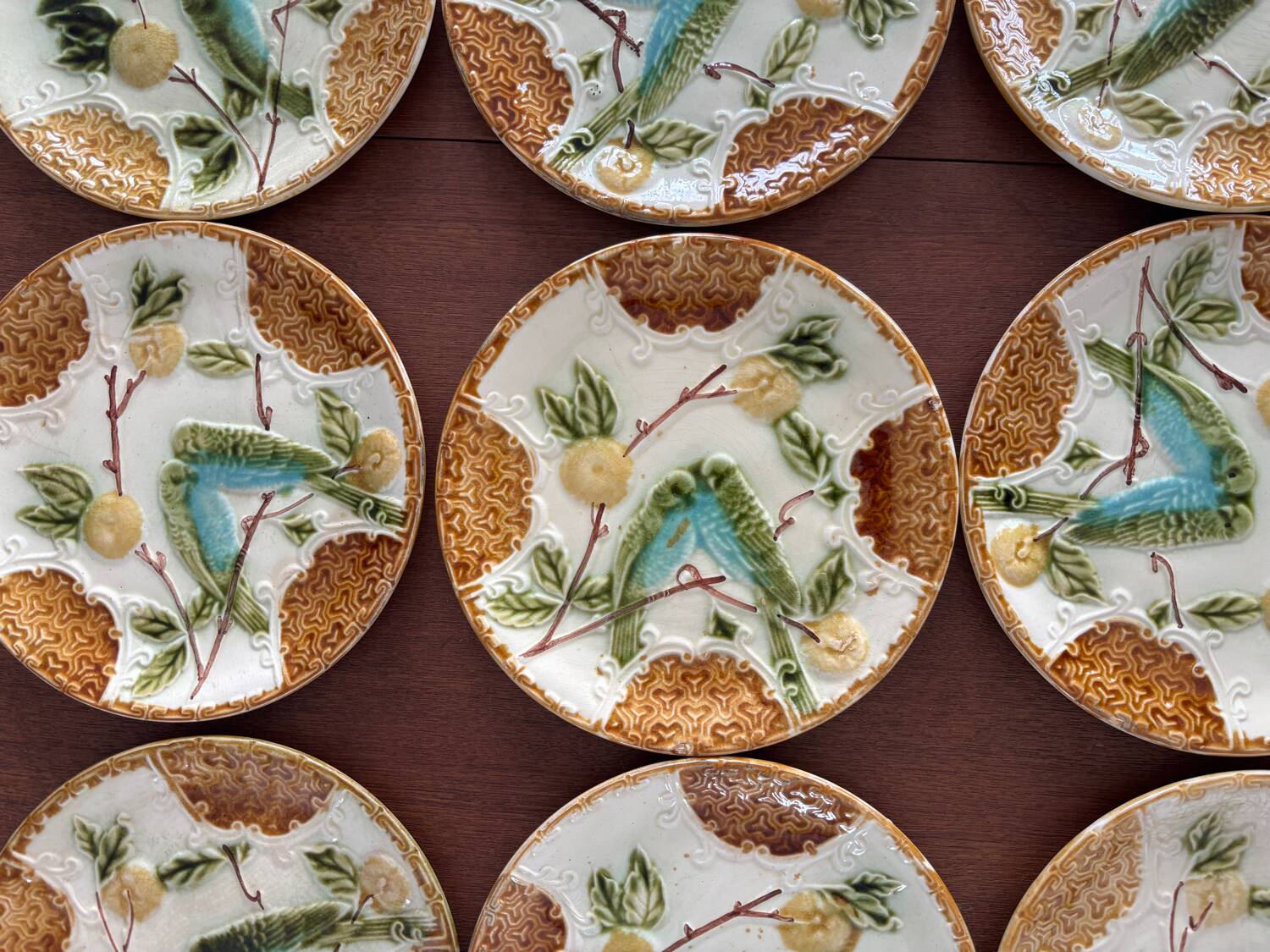 Set of 2 Salins Barbotine Plates - Vintage Parakeet Decor - service