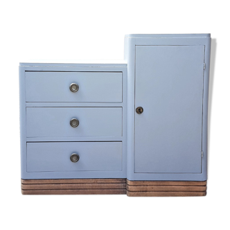 Grande commode asymétrique vintage 50s bois et gris perle