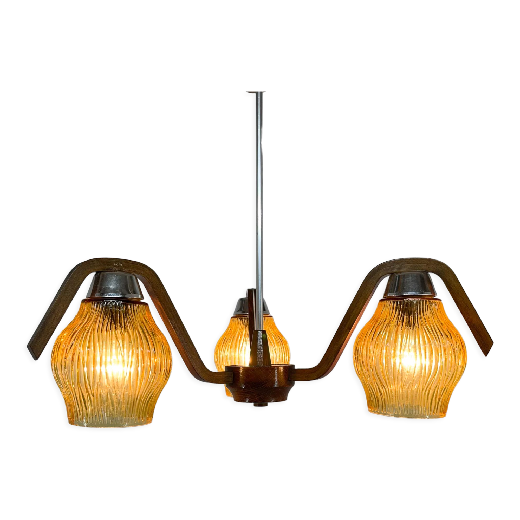 Mid-century Wood & Glass Chandelier by Dřevo Humpolec, 1960's