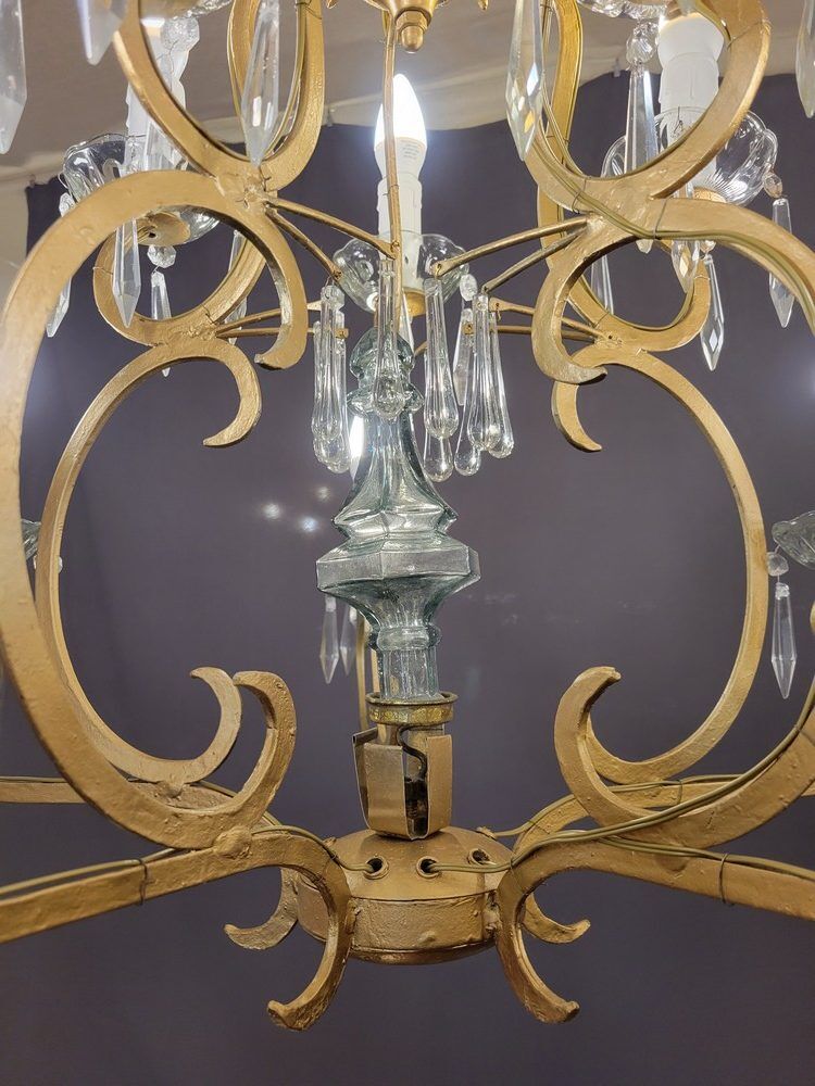 Pair of cage chandeliers with pendants