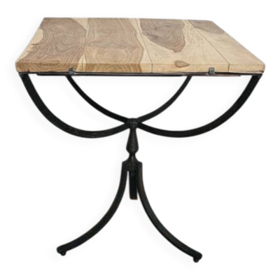 Table d’appoint en chêne massif et métal — design industriel / art déco