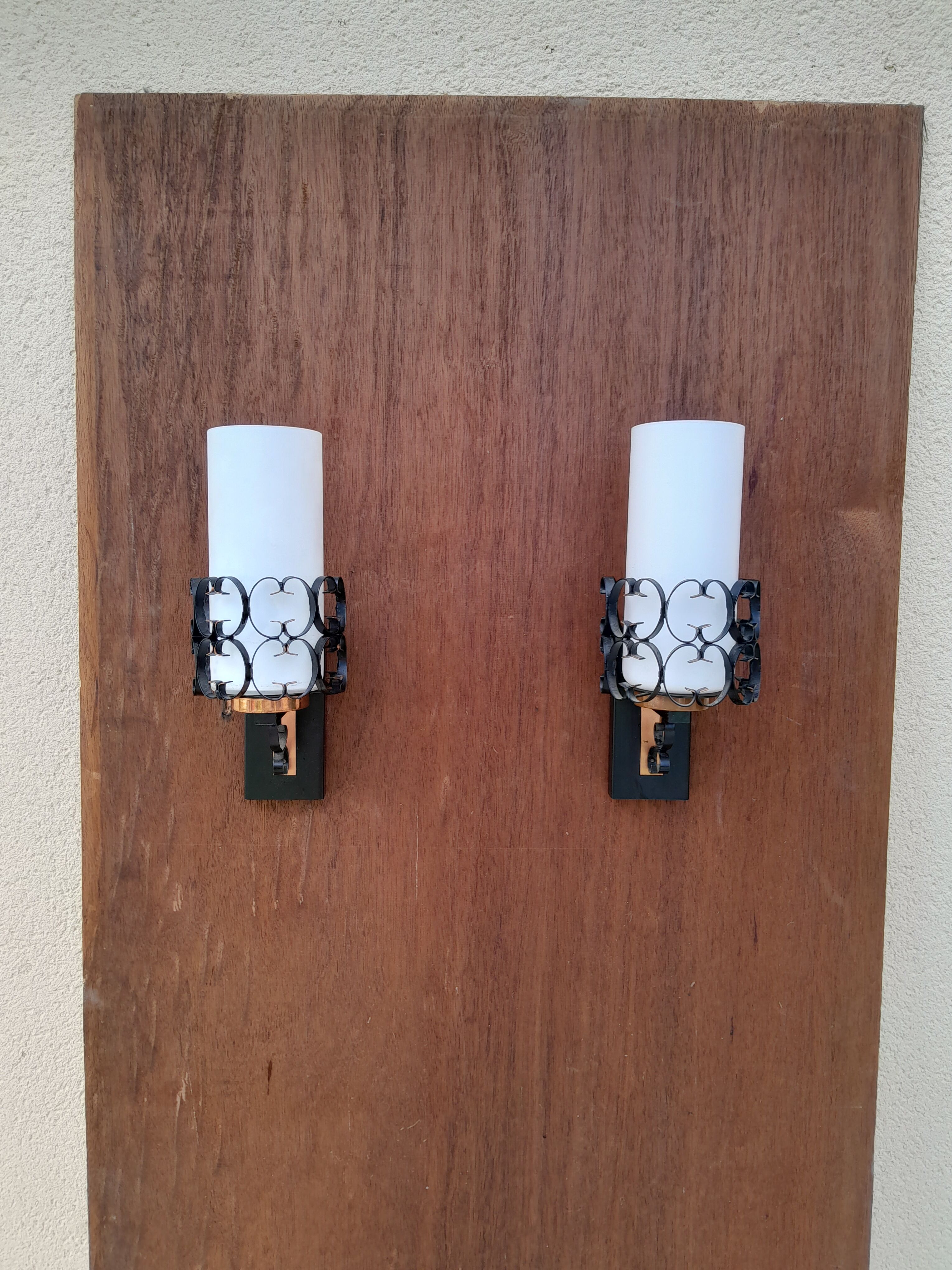 Pair vintage wrought iron wall lamps