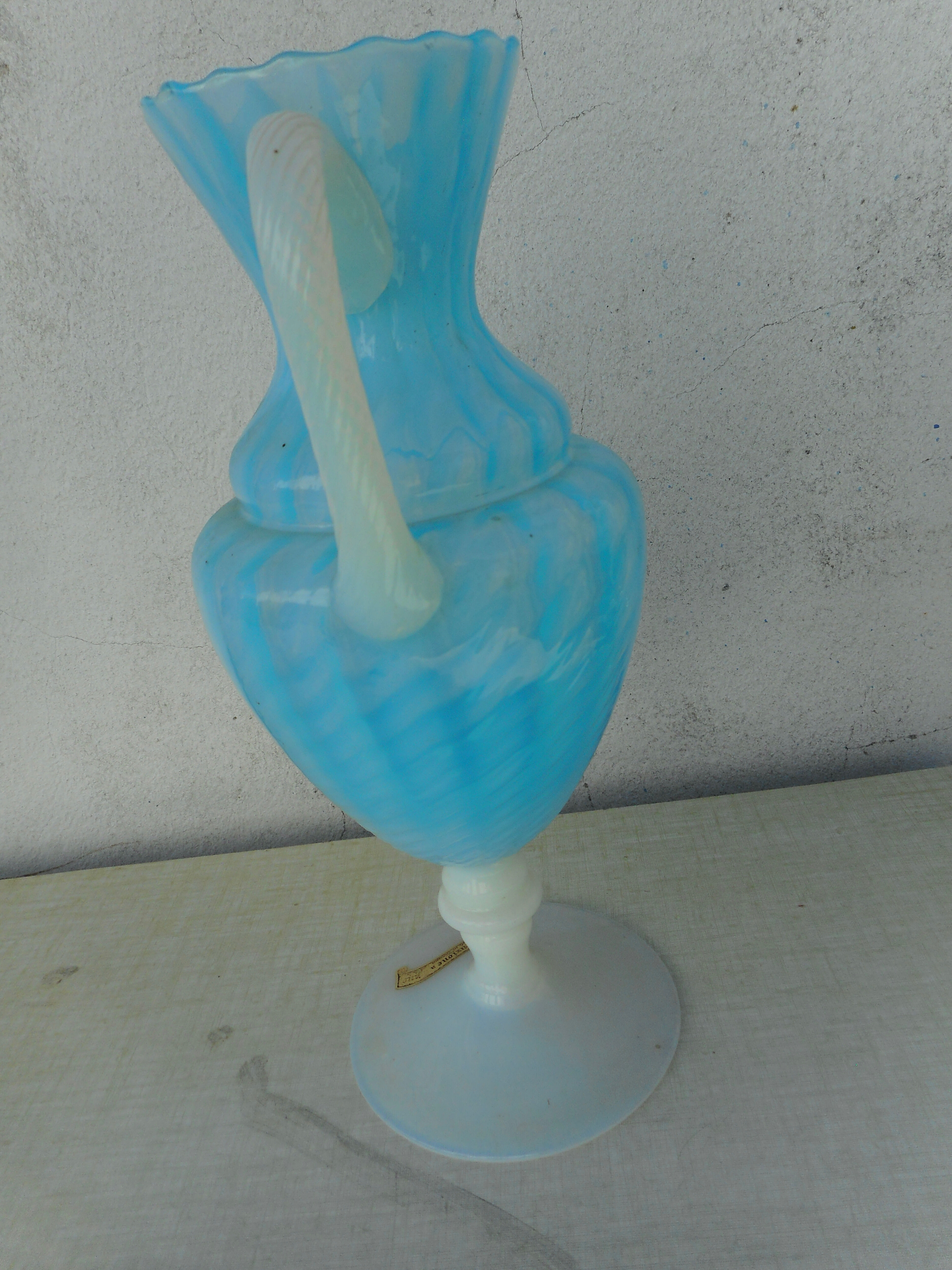 Blue and white opaline pitcher