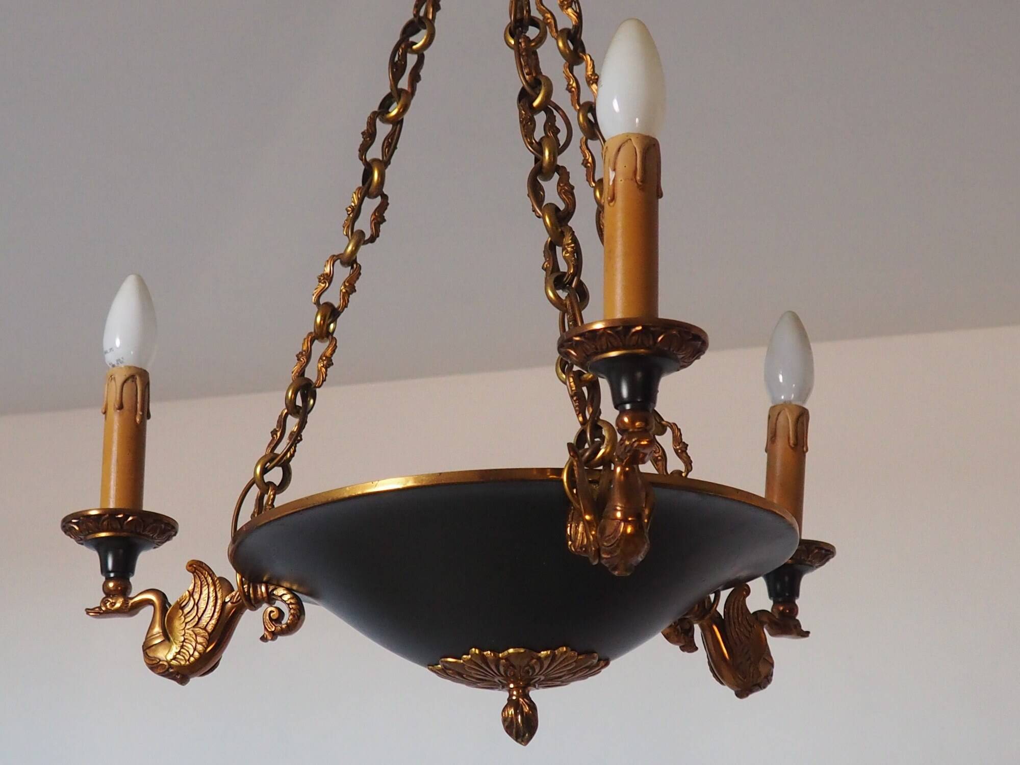 Lucien Gau French Empire Bronze Candlestick: Swan Arms, Green Tole