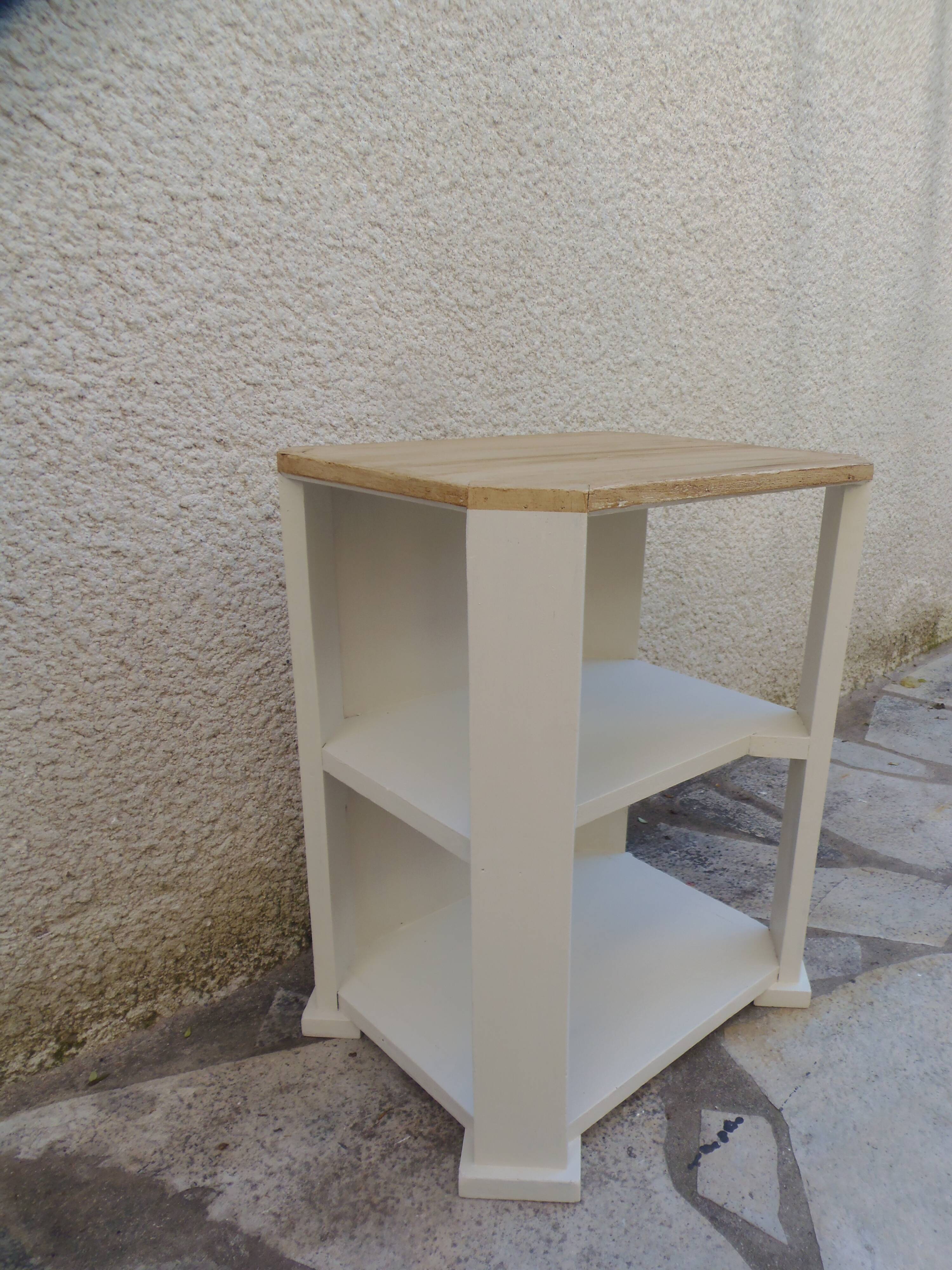 Vintage side table reimagined in beige, wooden tops.