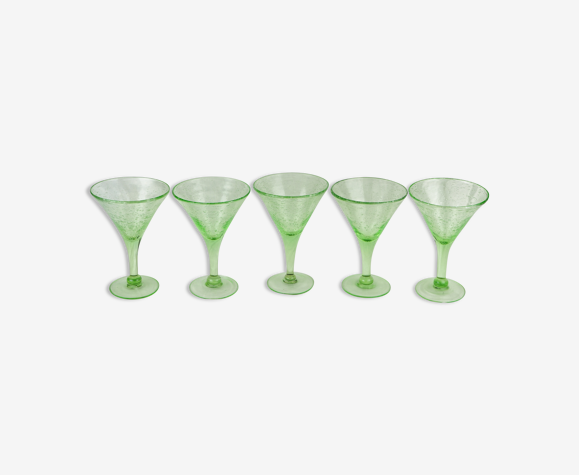 Set de 5 grandes coupes en verre bullé vert XXème