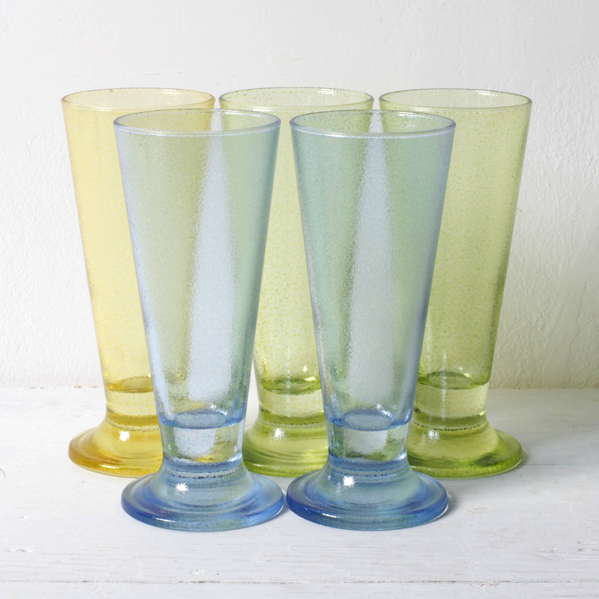 Set of 5 Colorful Yellow, Green and Blue Water Tumblers / Turkey / 2000s