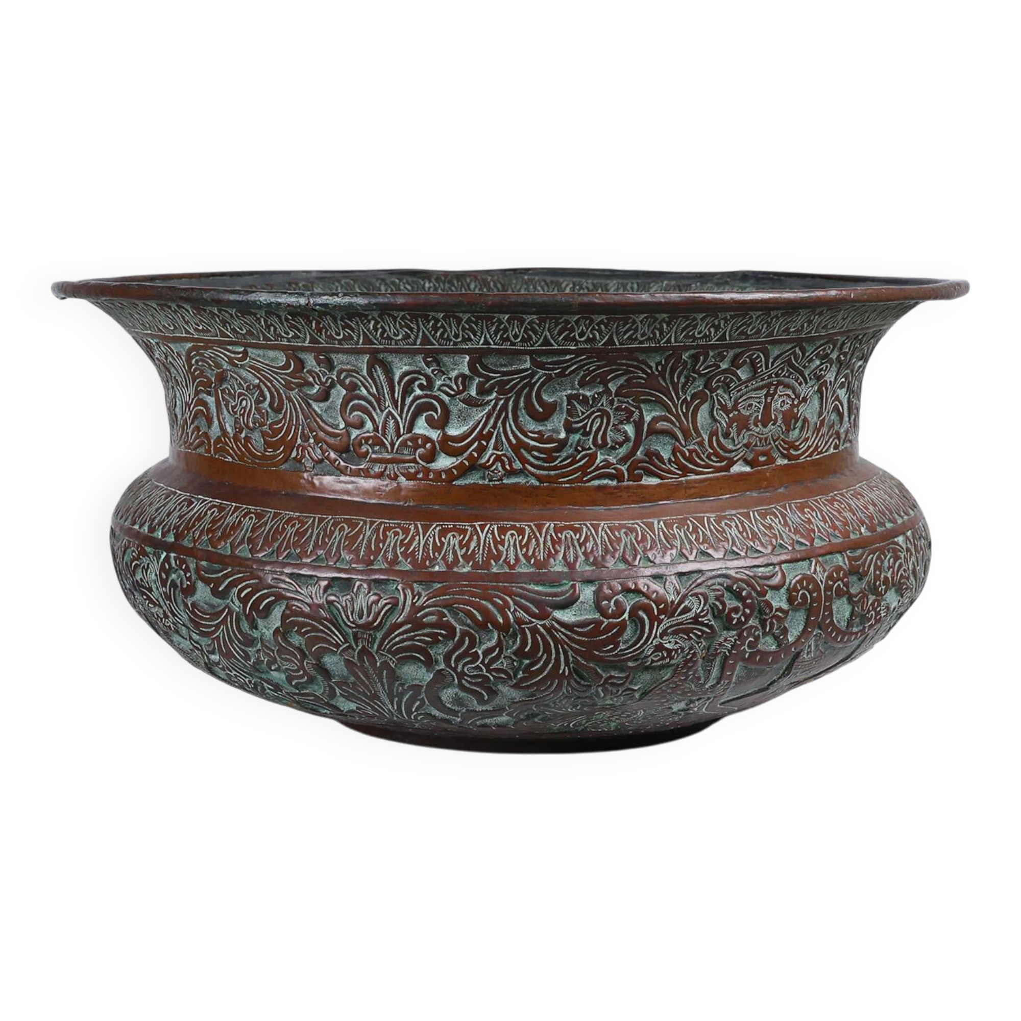 Cache-pot rond ottoman antique en cuivre gravé, vers 1850