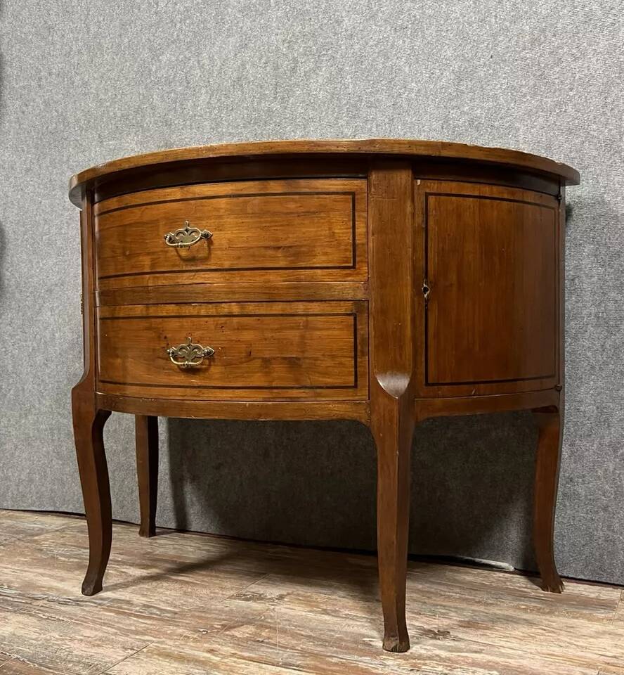 Louis XV / Louis XVI Transition style half-moon chest of drawers in marquetry mahogany