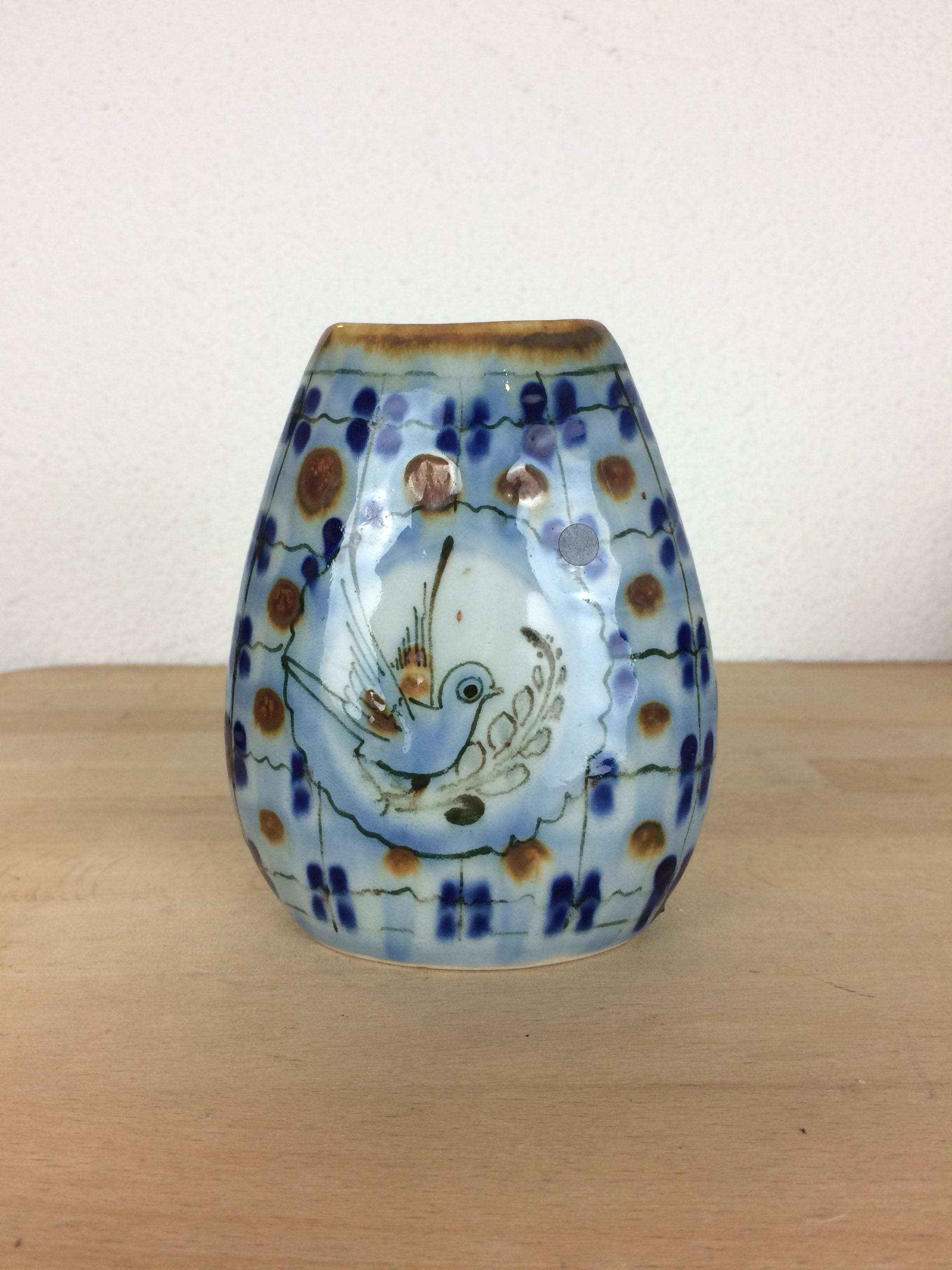 Vintage blue ceramic vase, bird decor