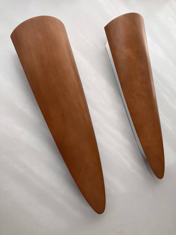 Paire d’appliques XL en bois thermoformé années 80 Lucid design français